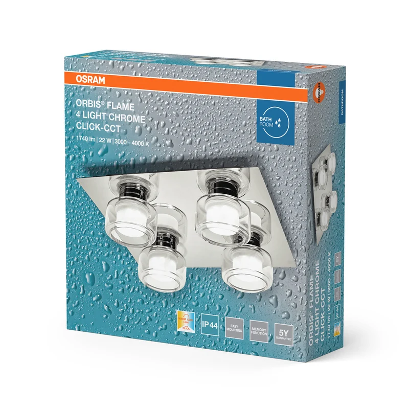 OSRAM ORBIS Flame Badezimmer Deckenleuchte 22W Click CCT IP44 Chrome
