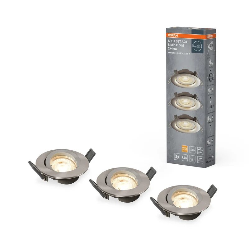 OSRAM LED Einbaustrahler, Ø 90mm, 3er Set, 3x 5W, Warmweiß, Stufenlos Dimmbar per Wandschalter, grau