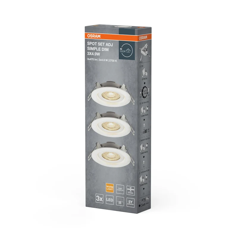 OSRAM LED Einbaustrahler 3er Set, 3x 5W, Ø 90mm, Warmweiß, Stufenlos Dimmbar per Wandschalter, weiß