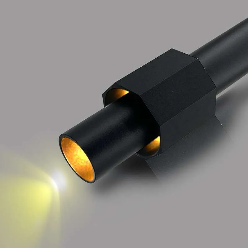 Moderne zylindrische LED-Deckenleuchte mit langen Röhren aus Aluminium in Schwarz und Gold~2604