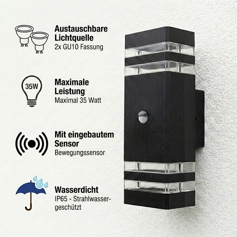 Wandleuchte mit Sensor | Auf und ab | IP65 | Schwarz | 2x GU10 | Inez