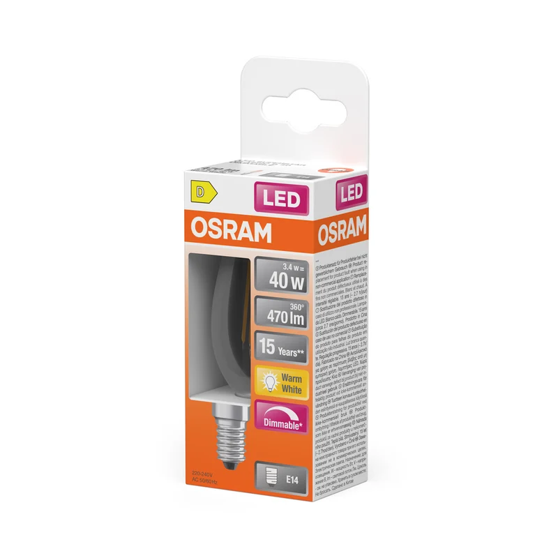 OSRAM Retrofit Classic B LED Lampe Kerzenform dimmbar (ex 40W) 5W / 2700K Warmweiß, E14
