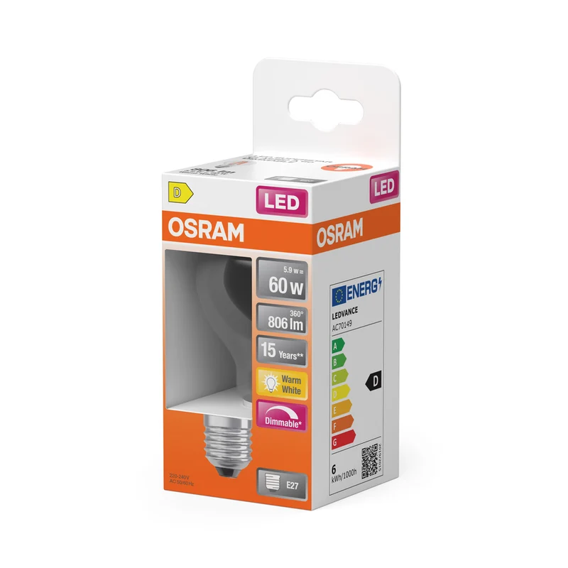 OSRAM Dimmbare LED - Lampen, klassische Kolbenform, 60 Watts Ersatz, E27, A-shape, 2700 Kelvin, Warm weiß, Klares Glas, single Pack