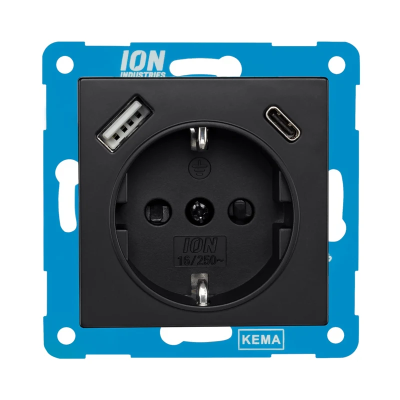 ION | Wandsteckdose RA | mit USB und USB-C | Mattschwarz – V1/J1-Serie