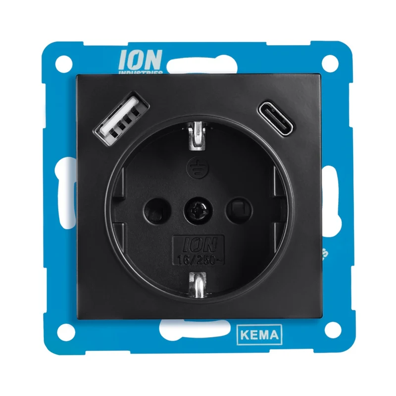 ION | Wandsteckdose RA | mit USB und USB-C | Mattschwarz – E1-Serie