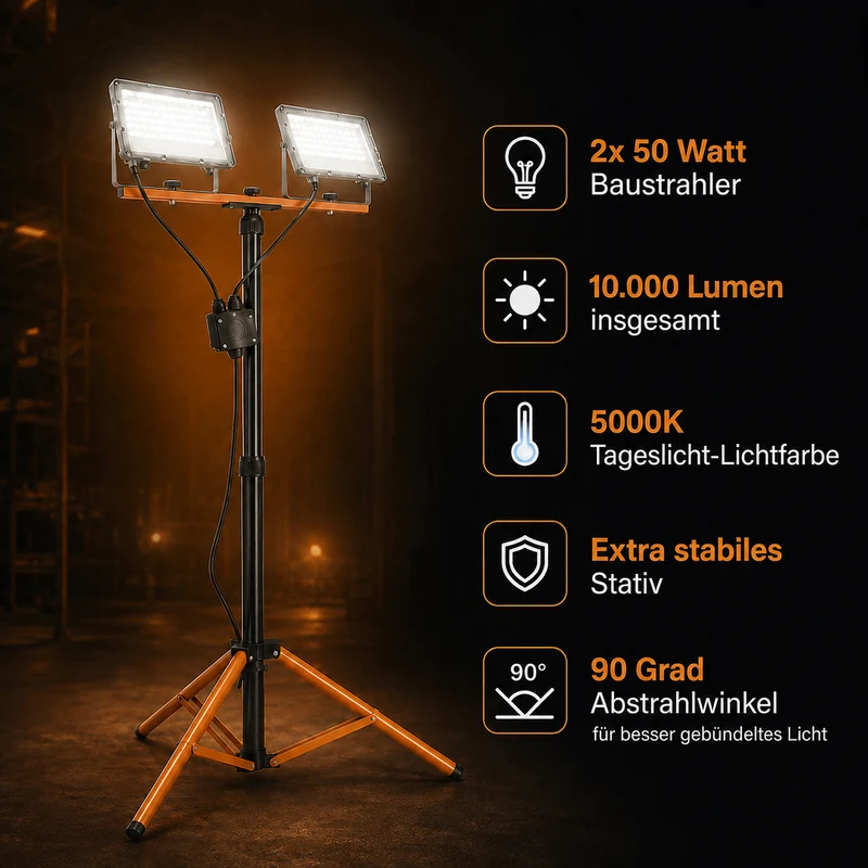 Baulampe auf Stativ | 2x 50 Watt | Schwarz / Orange | 10.000 Lumen