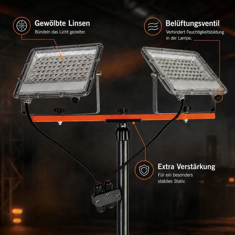 Baulampe auf Stativ | 2x 50 Watt | Schwarz / Orange | 10.000 Lumen