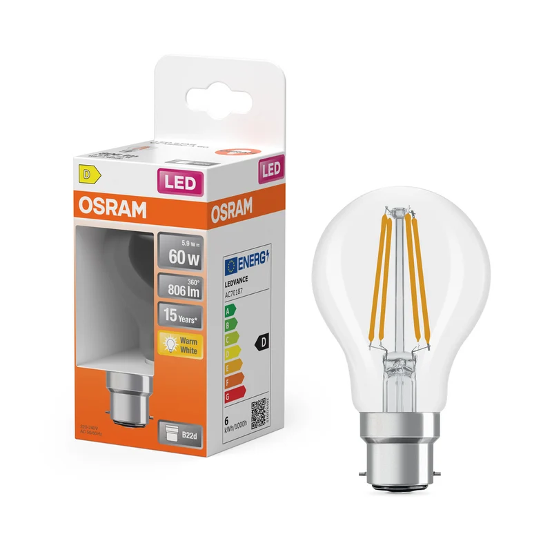OSRAM LED Lampe LED Retrofit CLASSIC A 6.5W 827 Clear B22d, 806 lm, 2700 K, Warmweiß