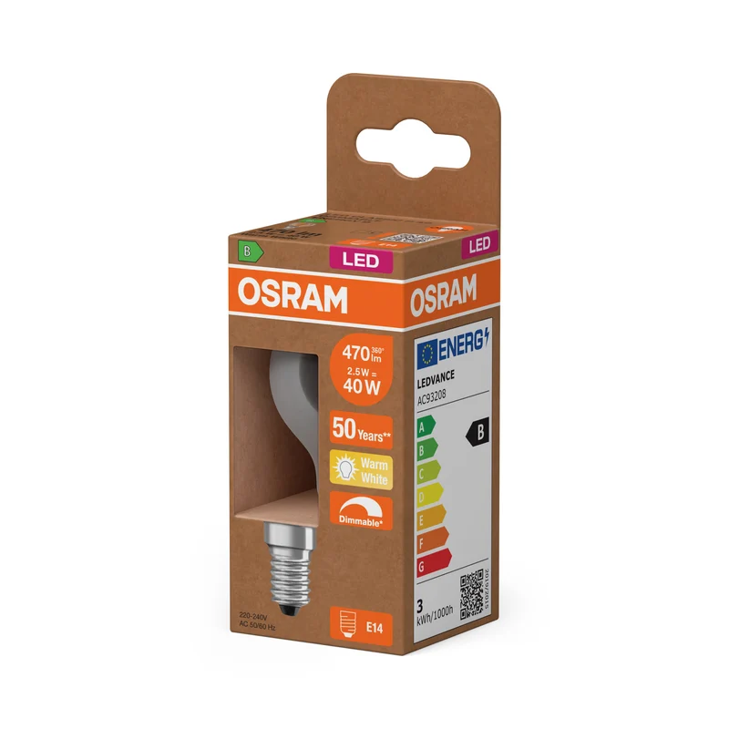 OSRAM LED CLASSIC P ENERGY EFFICIENCY B DIM in P-Form, LED-Lampe, Glas, klar, 2,5 W, 470 lm, 2700 K, Dimmbar, CRI 80