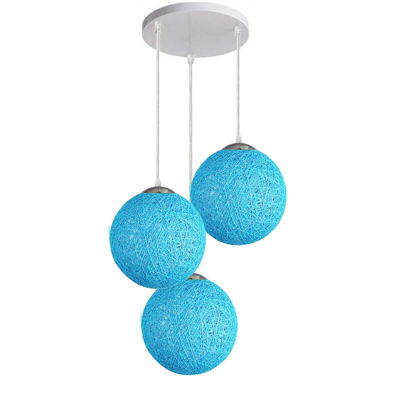 Moderne Pendelleuchte Rattan Hängelampe mit 3 Köpfe Kugel, 20 cm, Blau~2050