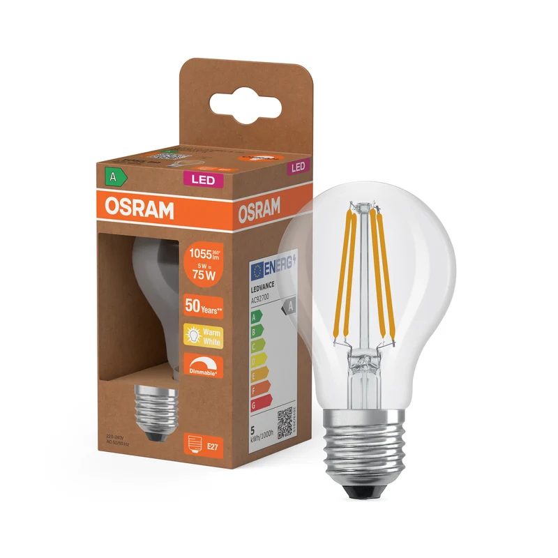 OSRAM LED CLASSIC A ENERGY EFFICIENCY A DIM in A-Form, LED-Lampe, Glas, klar, 5 W, 1055 lm, 2700 K, Dimmbar, Energieeffizienzklasse: A, CRI 80