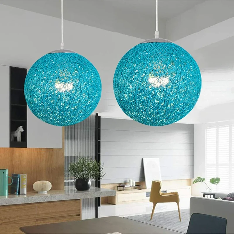 Rattan-Pendelleuchte Blau Ø20cm–Handgefertigte Hängelampe im Boho-Stil~2078
