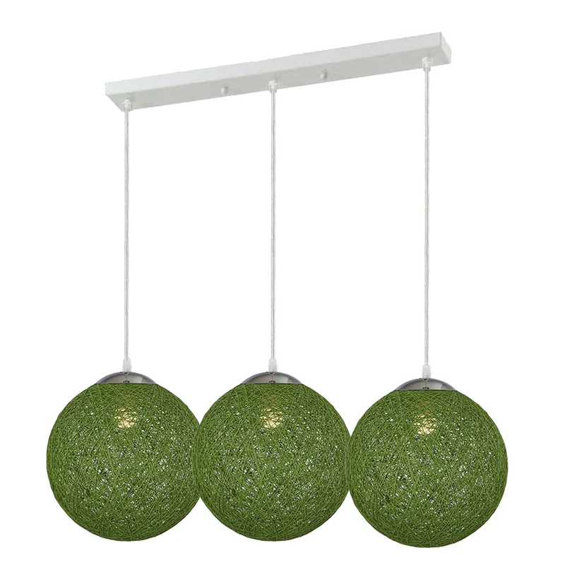 Modern Rattan Wicker Woven Ball Globe 3 Head Vine Ball Industrial Rectangle Base Deckenleuchte Grün~2069