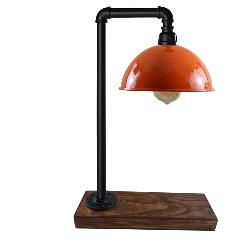 Schwarze Industrie-Tischlampe Steampunk Schreibtisch Tisch mit orangefarbenem Schirm Rohrlampen~2313