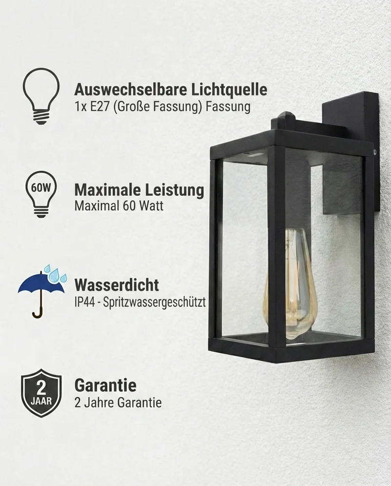 Außenwandleuchte aus Metall und Glas | Zeitgenössisch | E27-Fassung | Schwarz