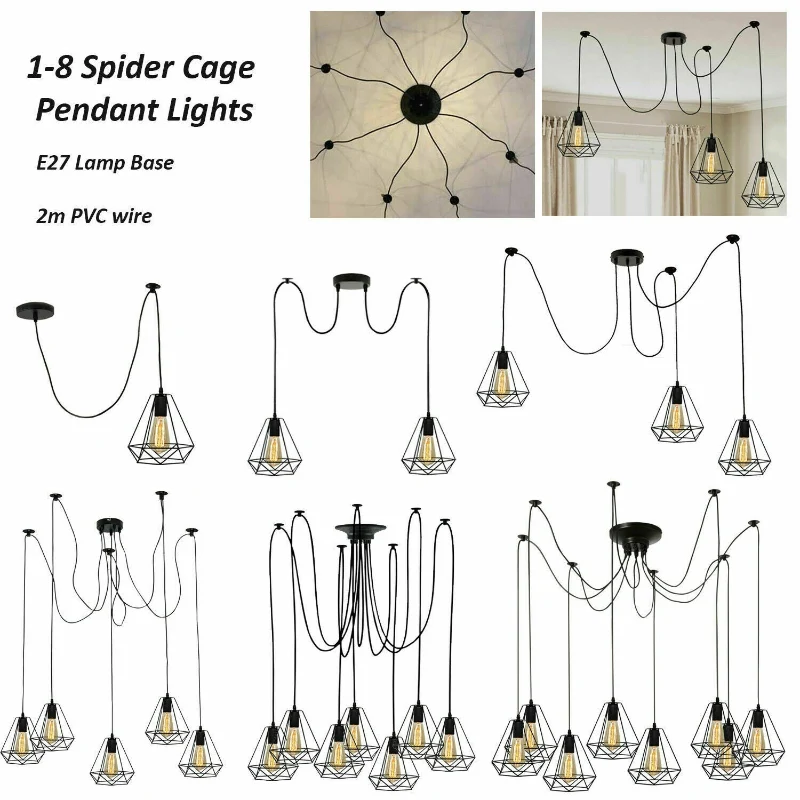 Industrial Spinnen Käfig Kronleuchter E27 Schwarz 2m kabel ~1887