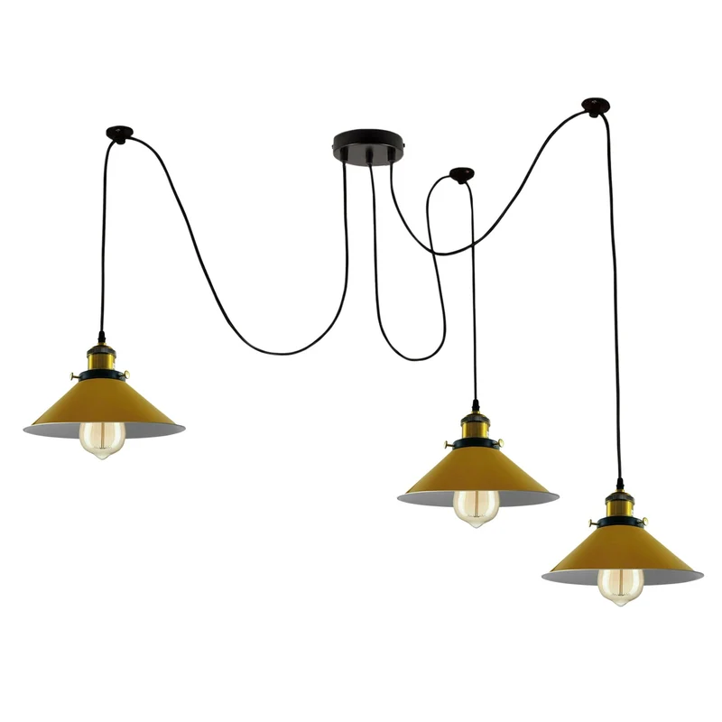 Hängeleuchte 3 Köpfe Cluster von hängenden gelben Kegel Schirme~1851