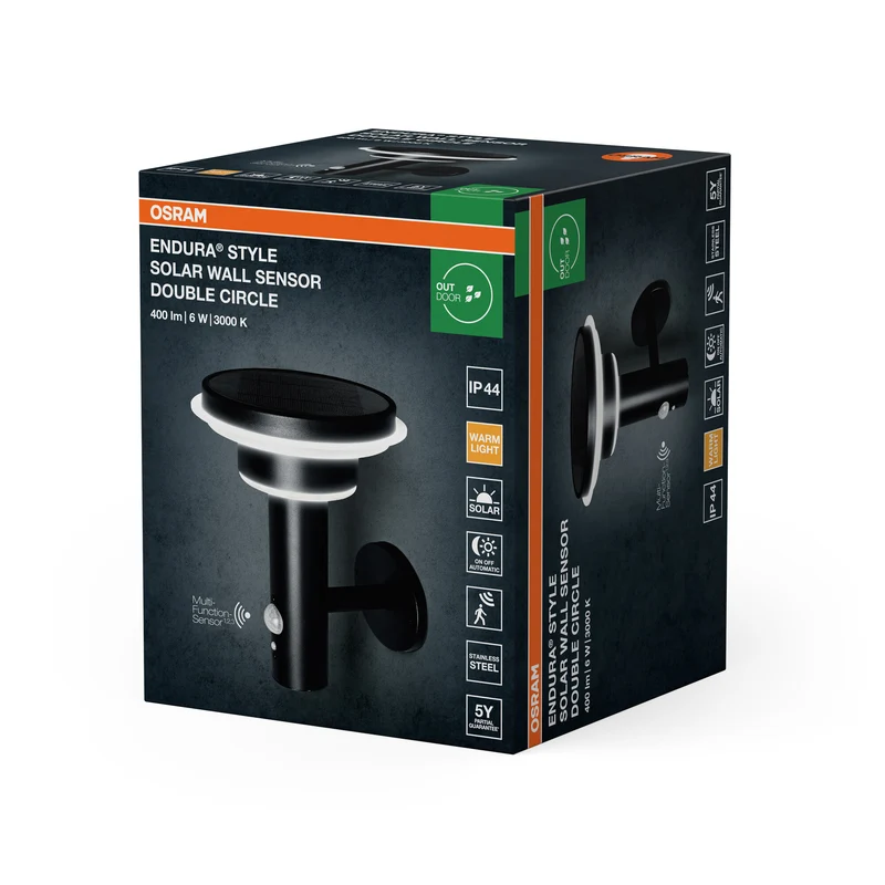 OSRAM ENDURA Style Solar Außenbeleuchtung, Schwarz, Edelstahl, IP44, Bewegungs- und Tageslichtsensor, solarbetrieben, ideal für Terrassen und Eingänge