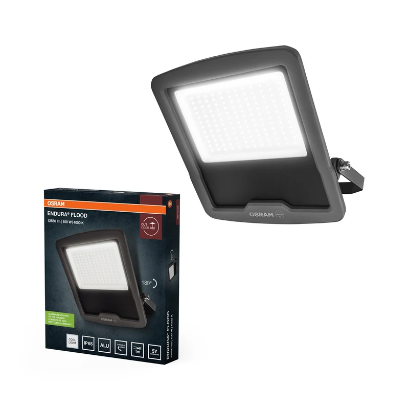 OSRAM ENDURA FLOOD PC 100W LED-Fluter, 4000K kaltweiß, 12000 Lumen, IP65 Flutlicht, 120 lm/W Effizienz, Grau, 230V