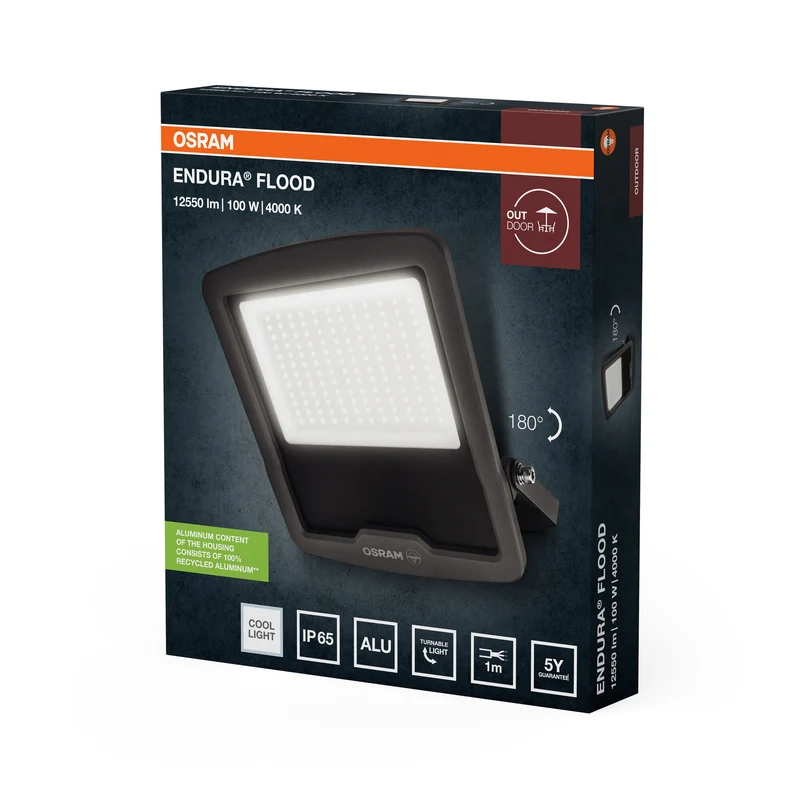 OSRAM ENDURA FLOOD PC 100W LED-Fluter, 4000K kaltweiß, 12000 Lumen, IP65 Flutlicht, 120 lm/W Effizienz, Grau, 230V