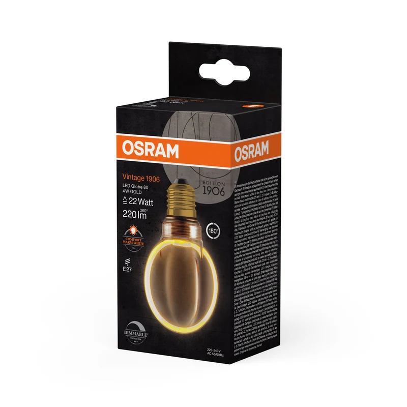 OSRAM VINTAGE 1906® LED Lampe LED CLASSIC GLOBE80 O - Form FILAMENT 4W 818 Gold E27, 220 lm, 1800 K, Comfort warm white