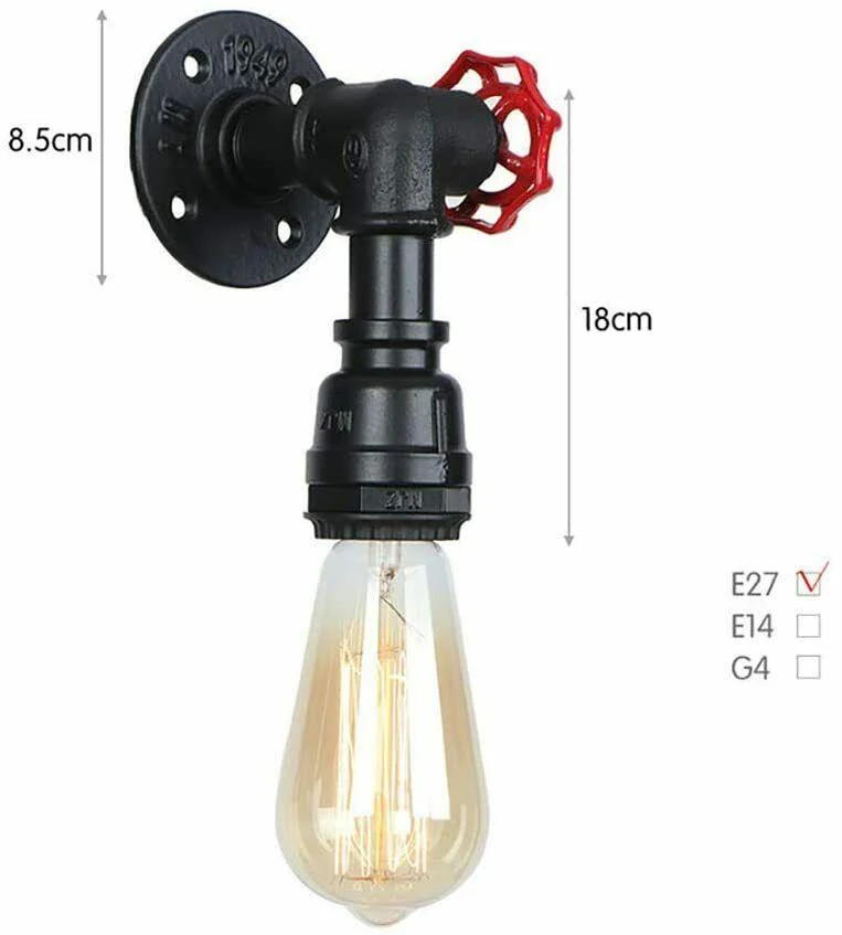 Industrielle Vintage Wasserrohr Wandlampe schwarz ~1263