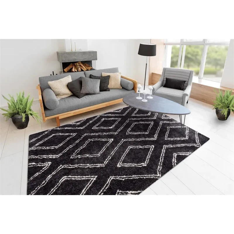 Teppich – Hochflor Design, Doppelrauten Muster, Anthrazit Farbton, 200 x 290 cm - Orlando 225 | Kayoom