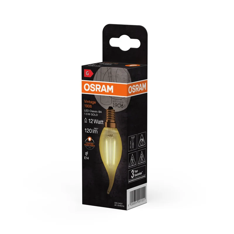 OSRAM VINTAGE 1906® LED Lampe LED CLASSIC B 1.5W 824 Gold E14 BA-Form, 120 lm, 2400 K, Warm Comfort Light