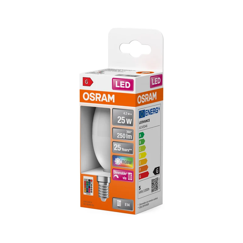 OSRAM LED Lampe LED Retrofit RGBW lamps with remote control 4.2W 827 Frosted E14 B-Form, 250 lm, 2700 K, Warmweiß