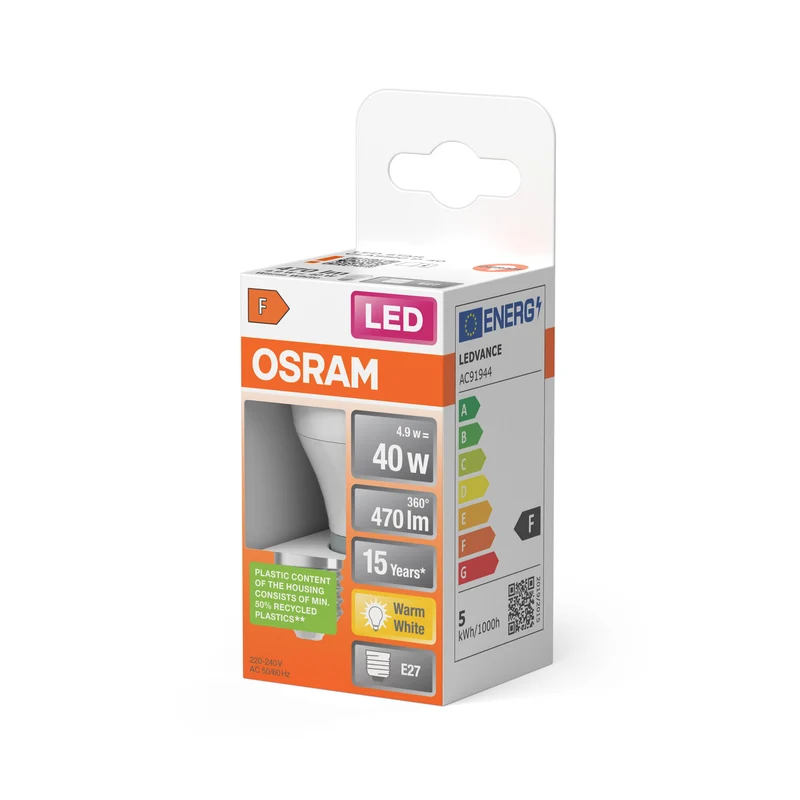 OSRAM LED PCR LAMP WITH CLASSIC P in P-Form, LED-Lampe, Matt, 4,9 W, (ex 40 W), 470 lm, Warmweiß, 2700 K, 15000 h, CRI 80