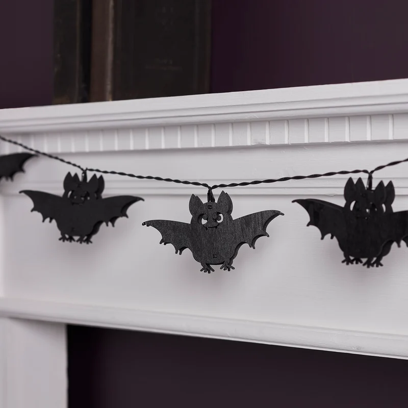 10er Halloween Lichterkette Fledermäuse aus Holz
