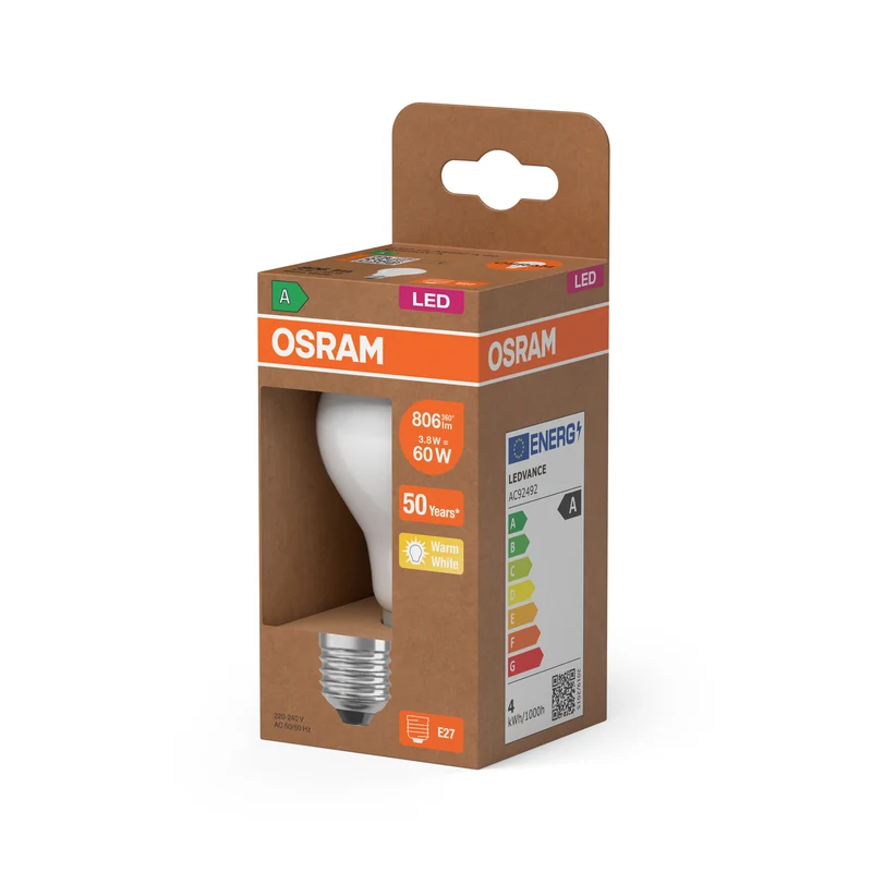 OSRAM LED LAMPS ENERGY CLASS A ENERGY EFFICIENCY FILAMENT CLASSIC A in A-Form, LED-Lampe, Bleifreies Glas, Matt, 3,8 W, 806 lm, Warmweiß, Energieeffizienzklasse: A