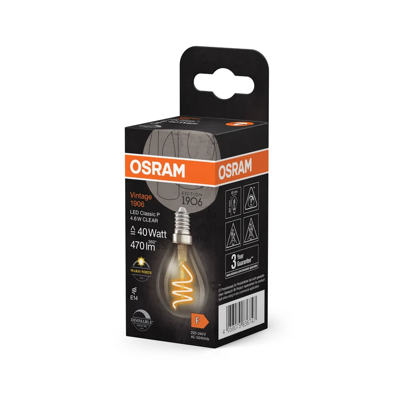 OSRAM Vintage 1906 Classic LED-Lampe Klar, 4.6W, 470lm, E14 , Warmweiß