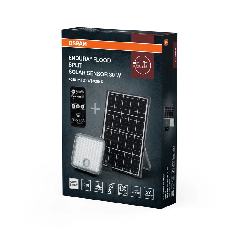 OSRAM LED-Solar-Außenleuchte Endura Outdoor schwarz mit Flutlicht und Solar-Panel, 5 m langes Kabel, mit Fernbedienung und PIR-Bewegungsmelder, 30 W, 4500 lm, 840, 4000 K Lichtfarbe, EEK A