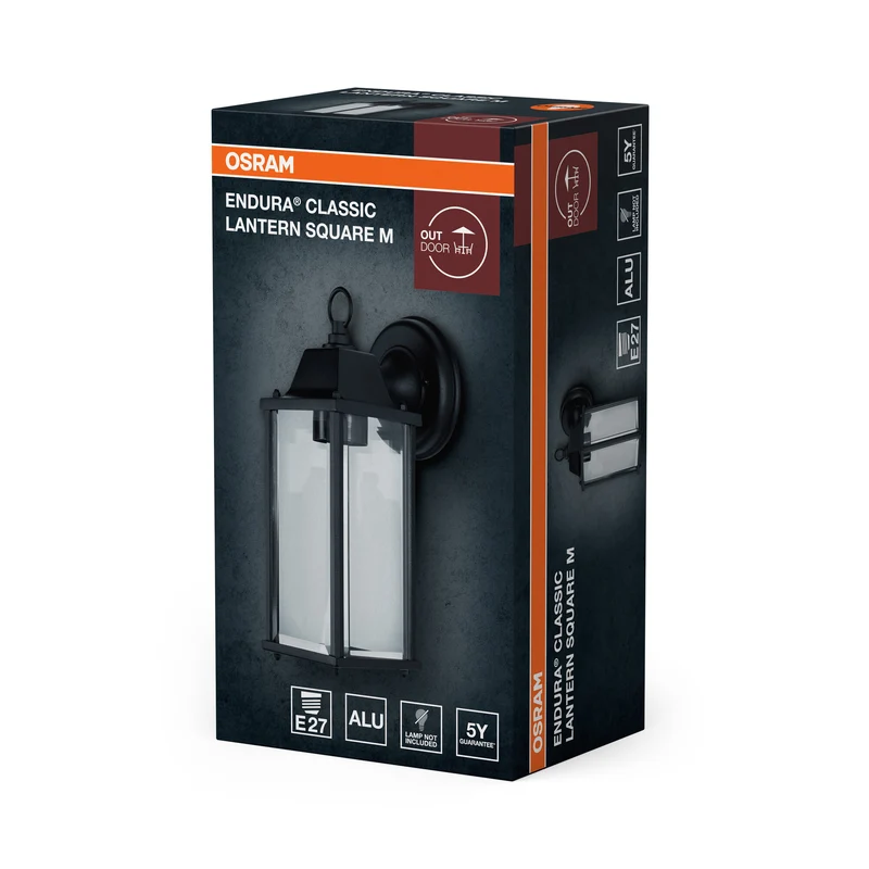 OSRAM ENDURA Classic Außenleuchte M E27 Schwarz, IP43, Aluminiumgehäuse, klares Glas, ohne Leuchtmittel, Wandmontage für geschützte Bereiche