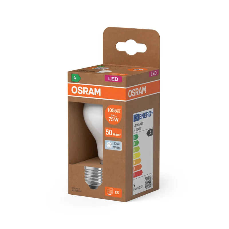 OSRAM LED LAMPS ENERGY CLASS A ENERGY EFFICIENCY FILAMENT CLASSIC A in A-Form, LED-Lampe, Bleifreies Glas, Matt, 5 W, 1055 lm, Kaltweiß, Energieeffizienzklasse: A