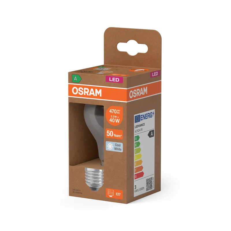 OSRAM LED LAMPS ENERGY CLASS A ENERGY EFFICIENCY FILAMENT CLASSIC A in A-Form, LED-Lampe, Bleifreies Glas, Klar, 2,2 W, 470 lm, Kaltweiß, Energieeffizienzklasse: A