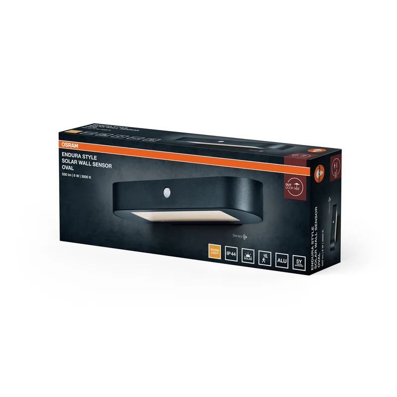 OSRAM ENDURA Style Oval Solar-Wandleuchte, warmweißes Licht (3000K), integrierter Sensor, ohne Strom nutzbar, lange Batterielaufzeit: 30 Mal 60 Sekunden im PIR Modus, Schutzklasse IP44, schwarz