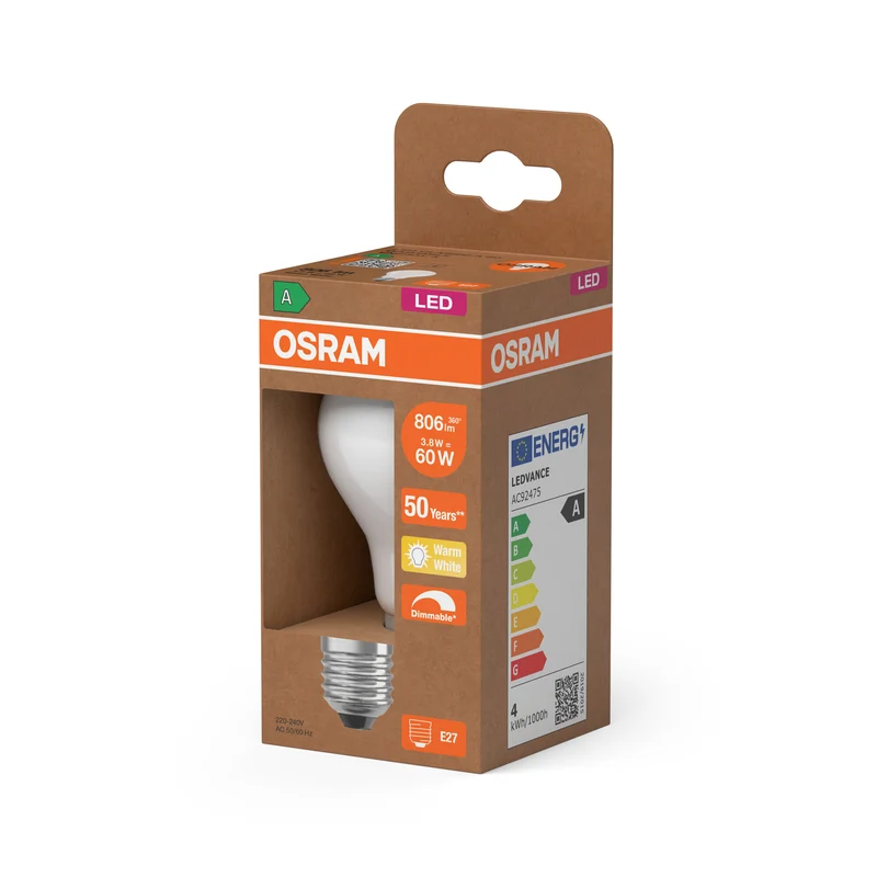 OSRAM LED CLASSIC A ENERGY EFFICIENCY A DIM in A-Form, LED-Lampe, Bleifreies Glas, Matt, 3,8 W, (ex 60 W), 806 lm, Warmweiß, 2700 K, Dimmbar, Energieeffizienzklasse: A