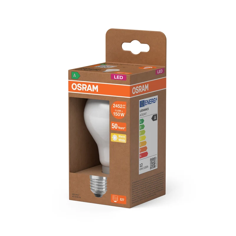 OSRAM LED LAMPS ENERGY CLASS A ENERGY EFFICIENCY FILAMENT CLASSIC A , LED-Lampe, Bleifreies Glas, Matt, 11,6 W, (ex 150 W), 2452 lm, Warmweiß, Energieeffizienzklasse: A