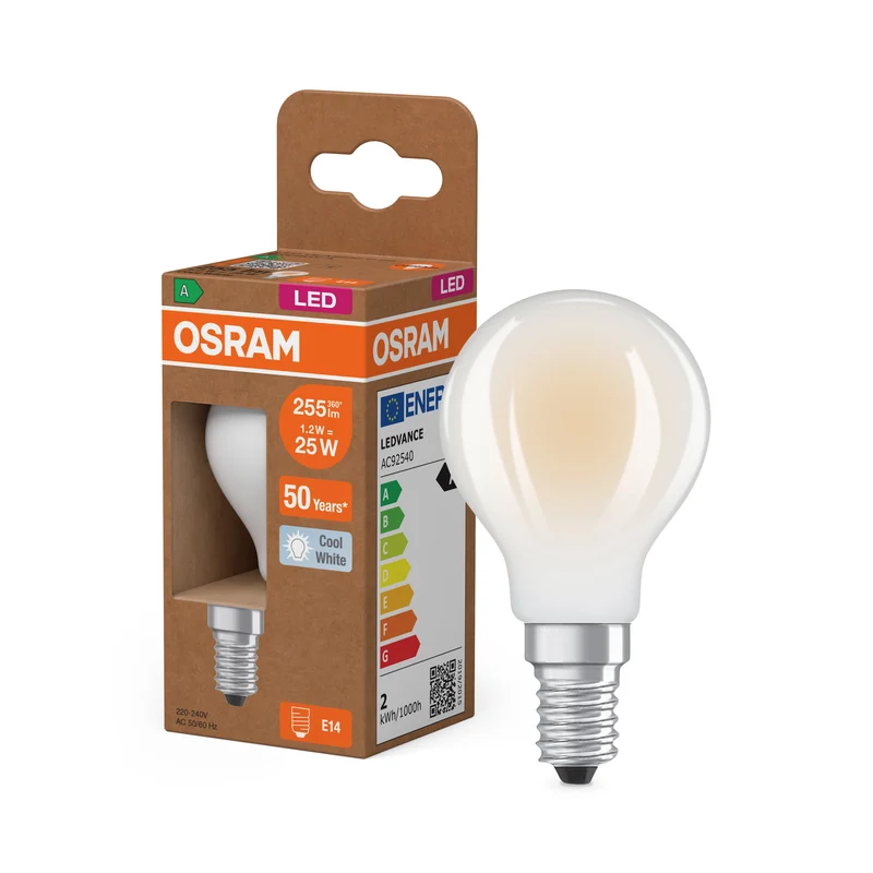 OSRAM LED CLASSIC P ENERGY EFFICIENCY A , LED-Lampe, Bleifreies Glas, Matt, 1,2 W, (ex 25 W), 255 lm, Kaltweiß, 4000 K, Energieeffizienzklasse: A, CRI 80