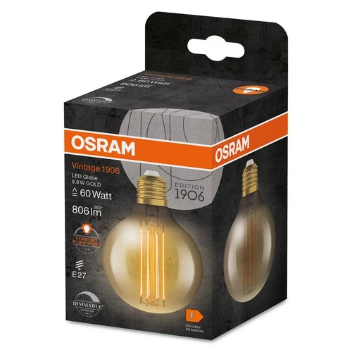 OSRAM Dimmbare LED-Lampen, Vintage-Edition, 60 Watts Ersatz, E27, G80, 2200 Kelvin, Warm Comfort Light, Klares Glas, single Pack