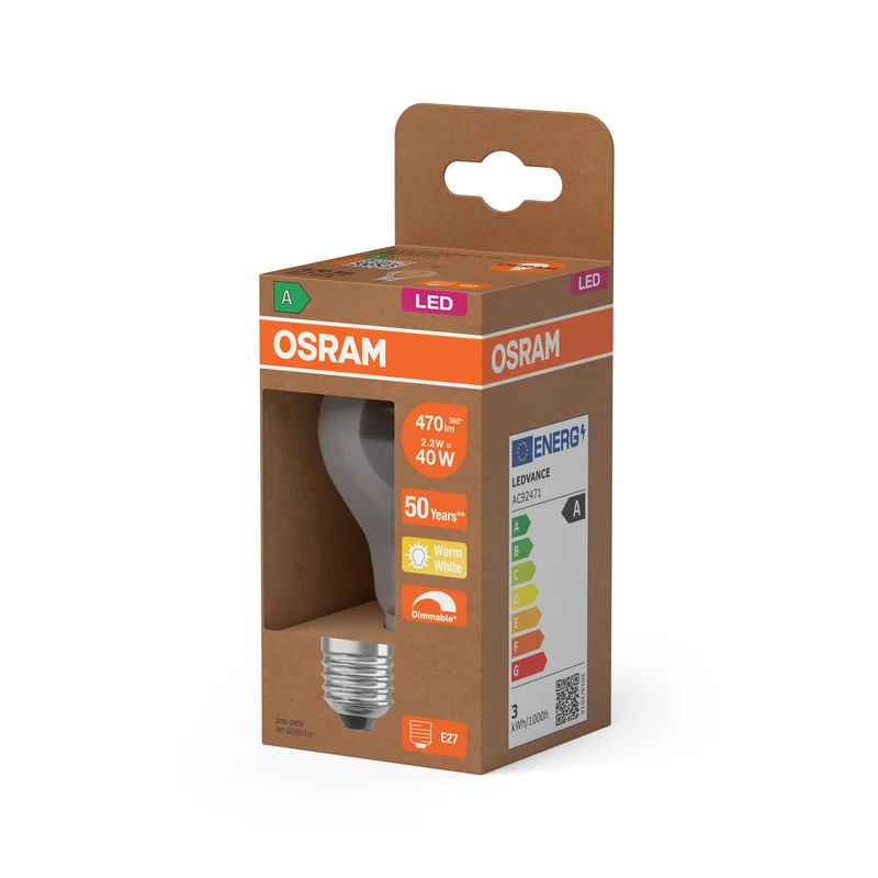 OSRAM LED CLASSIC A ENERGY EFFICIENCY A DIM in A-Form, LED-Lampe, Bleifreies Glas, Klar, 2,2 W, (ex 40 W), 470 lm, Warmweiß, 2700 K, Dimmbar, Energieeffizienzklasse: A
