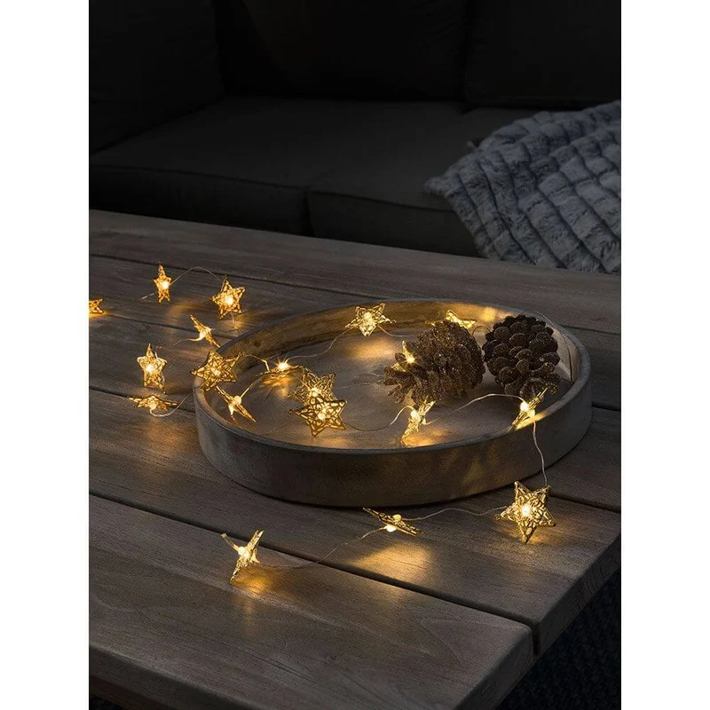 LED Dekolichterkette goldfarbene Metallsterne 20 Warmweiße Dioden batteriebetrieben