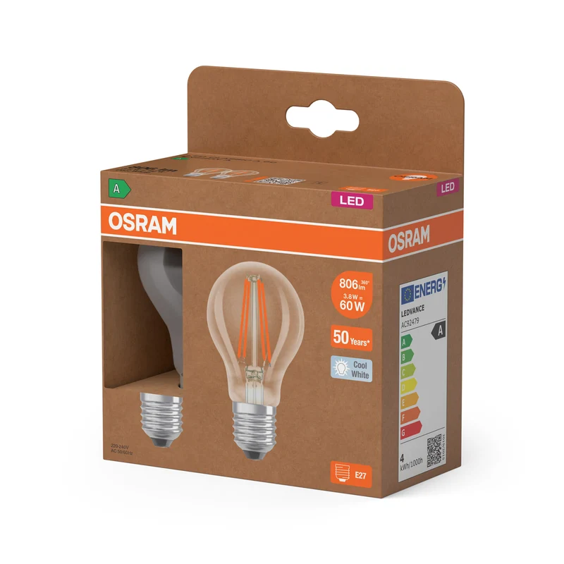 OSRAM LED LAMPS ENERGY CLASS A ENERGY EFFICIENCY FILAMENT CLASSIC A in A-Form, LED-Lampe, Bleifreies Glas, Klar, 3,8 W, 806 lm, Kaltweiß, Energieeffizienzklasse: A, 2er