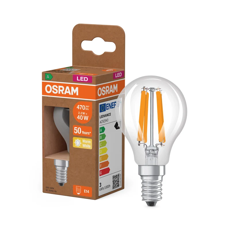 OSRAM LED CLASSIC P ENERGY EFFICIENCY A in P-Form, LED-Lampe, Bleifreies Glas, Klar, 2,2 W, (ex 40 W), 470 lm, Warmweiß, 2700 K, Energieeffizienzklasse: A, CRI 80