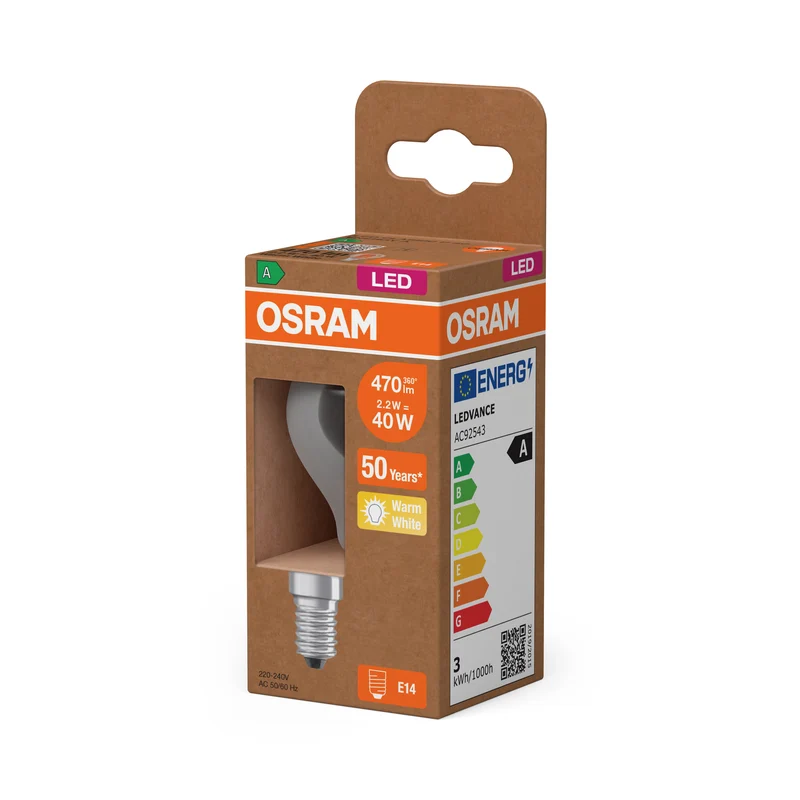 OSRAM LED CLASSIC P ENERGY EFFICIENCY A in P-Form, LED-Lampe, Bleifreies Glas, Klar, 2,2 W, (ex 40 W), 470 lm, Warmweiß, 2700 K, Energieeffizienzklasse: A, CRI 80