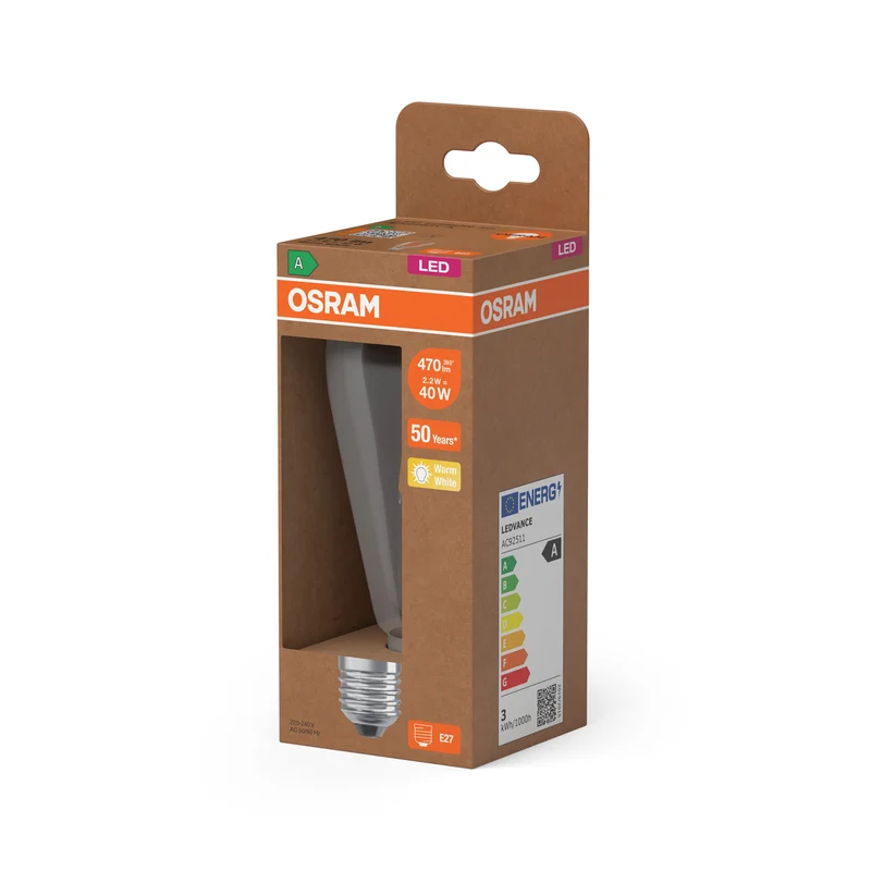OSRAM LED LAMPS ENERGY CLASS A ENERGY EFFICIENCY FILAMENT CLASSIC EDISON , LED-Lampe, Bleifreies Glas, Klar, 2,2 W, 470 lm, Warmweiß, Energieeffizienzklasse: A