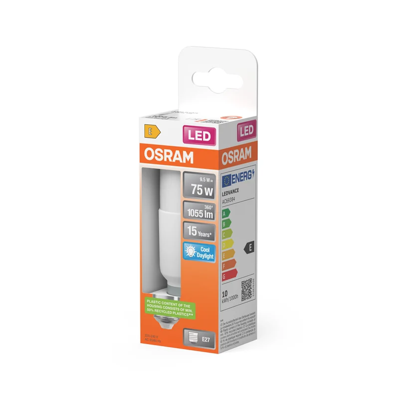 OSRAM LED PCR CLASSIC STICK LAMP , LED-Lampe, Matt, 9 W, (ex 75 W), 1050 lm, Kaltweiß, 6500 K, 15000 h, CRI 80
