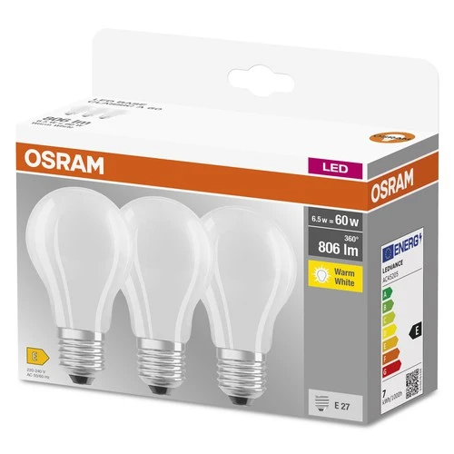 OSRAM LED Base Classic A LED Lampe matt (ex 60W) 7W / 2700K Warmweiß E27 3er Pack, E27